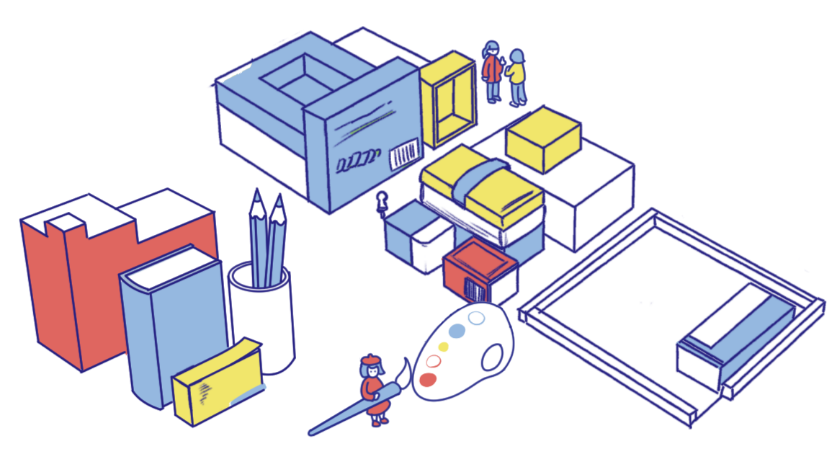 専門学校、大学と筆を持った美大・芸大生のアイソメイラスト