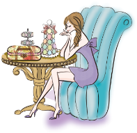 お菓子の置かれたテーブルに肘をつく女性のイラスト