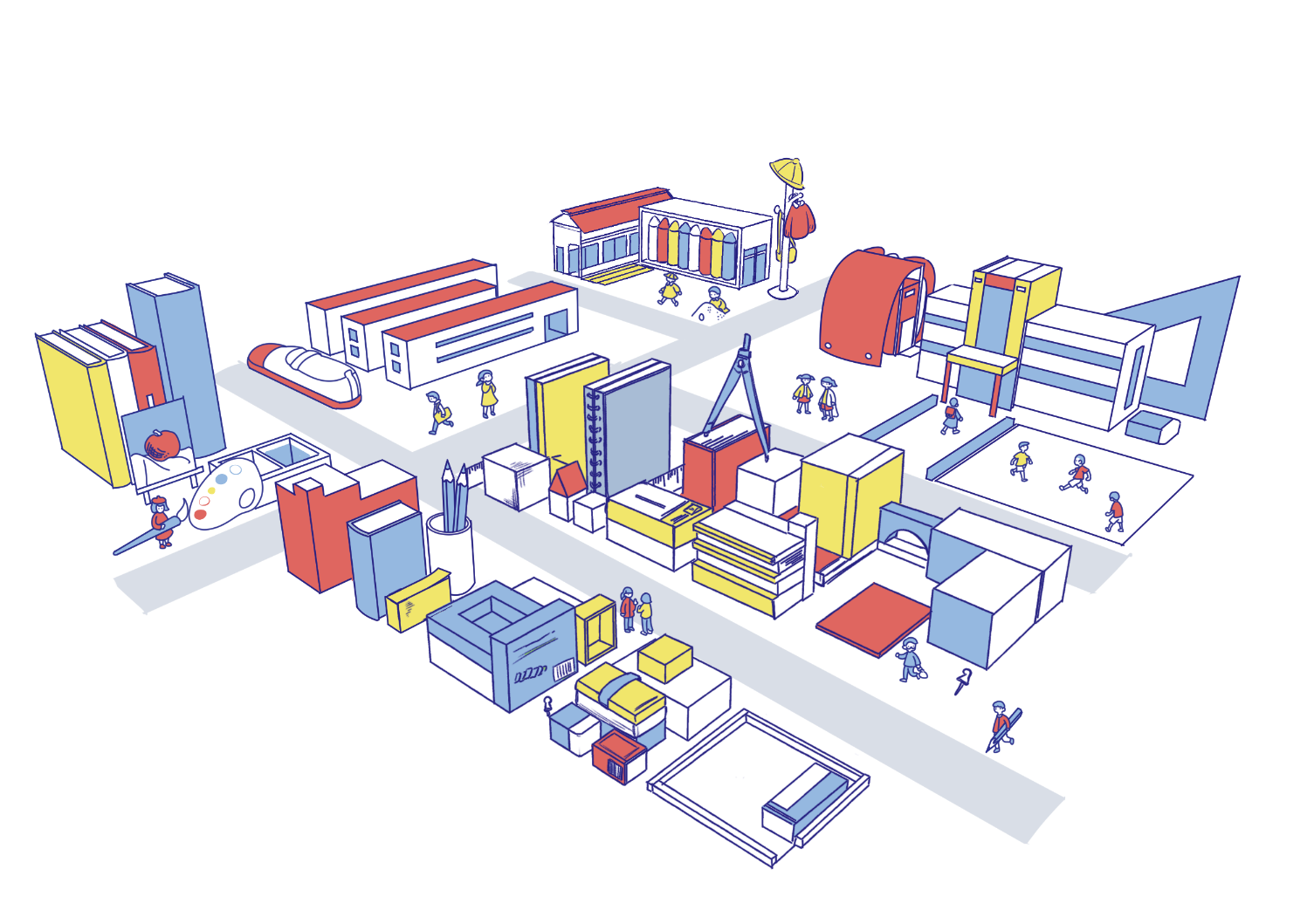 大学、小学校、専門学校、美大、芸大のイメージが描かれたアイソメトリックイラスト